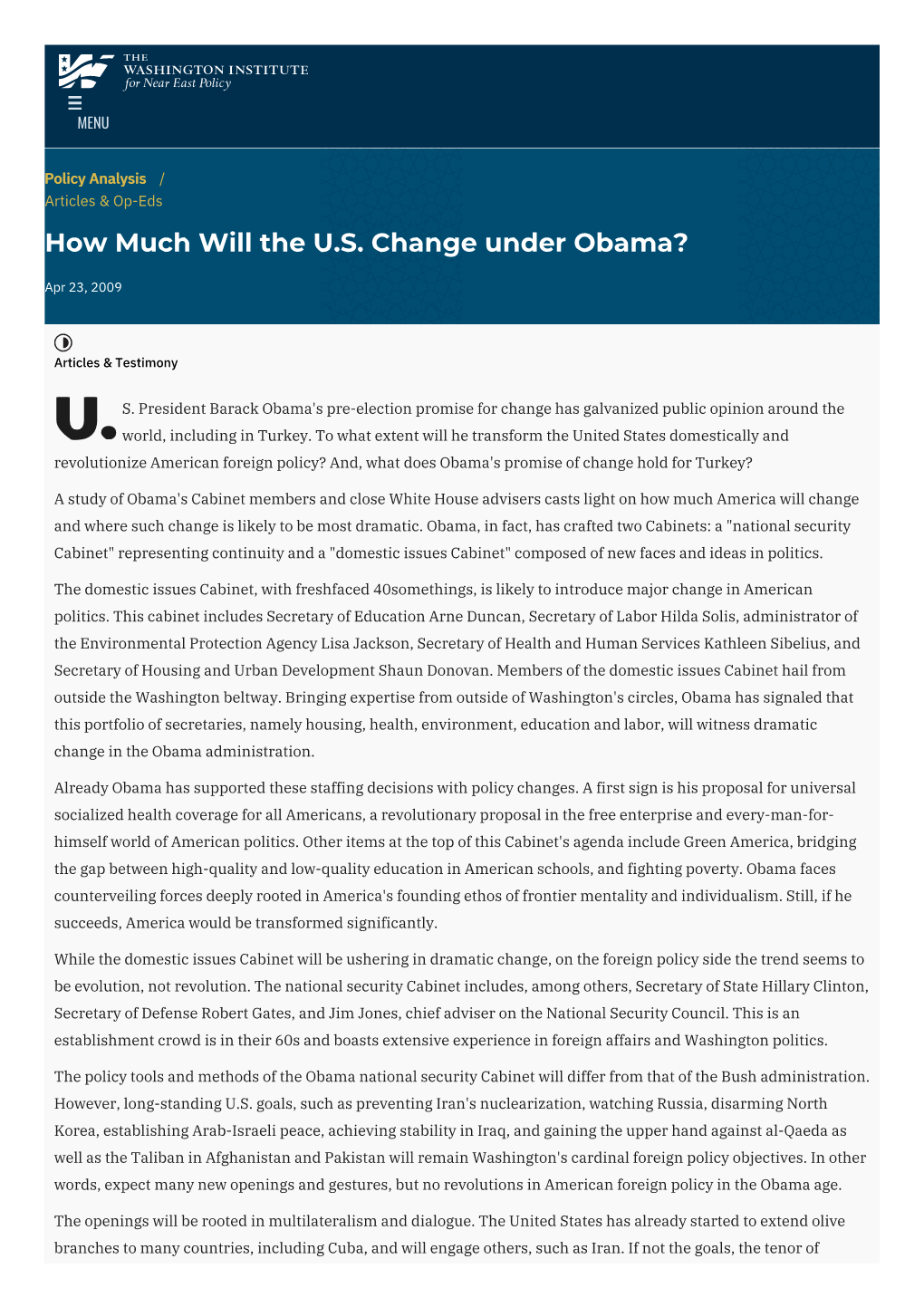 How Much Will the U.S. Change Under Obama? | the Washington Institute