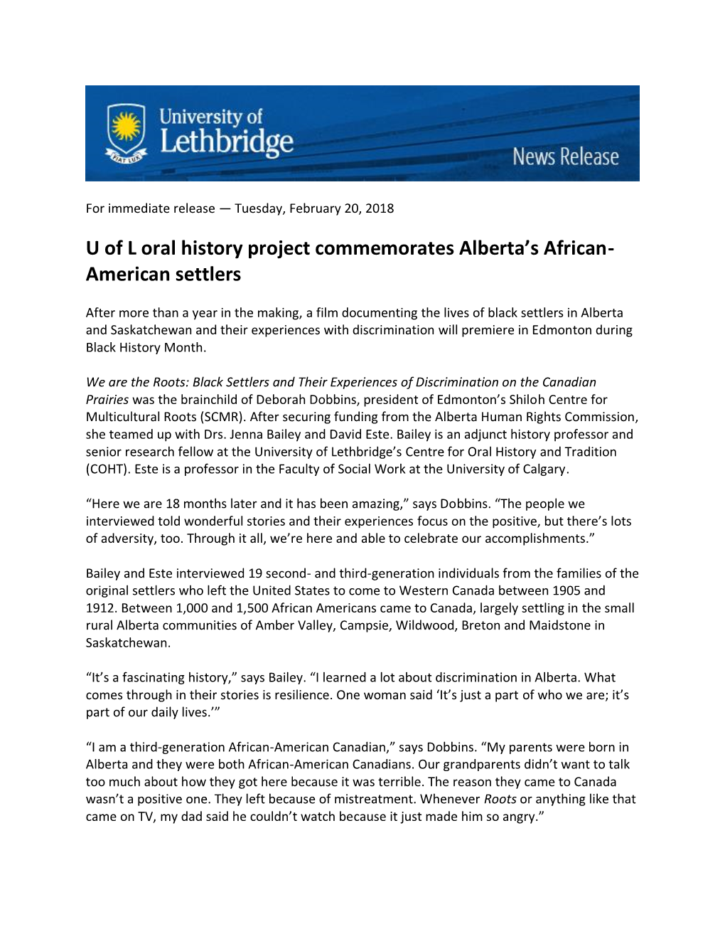 U of L Oral History Project Commemorates Alberta's African