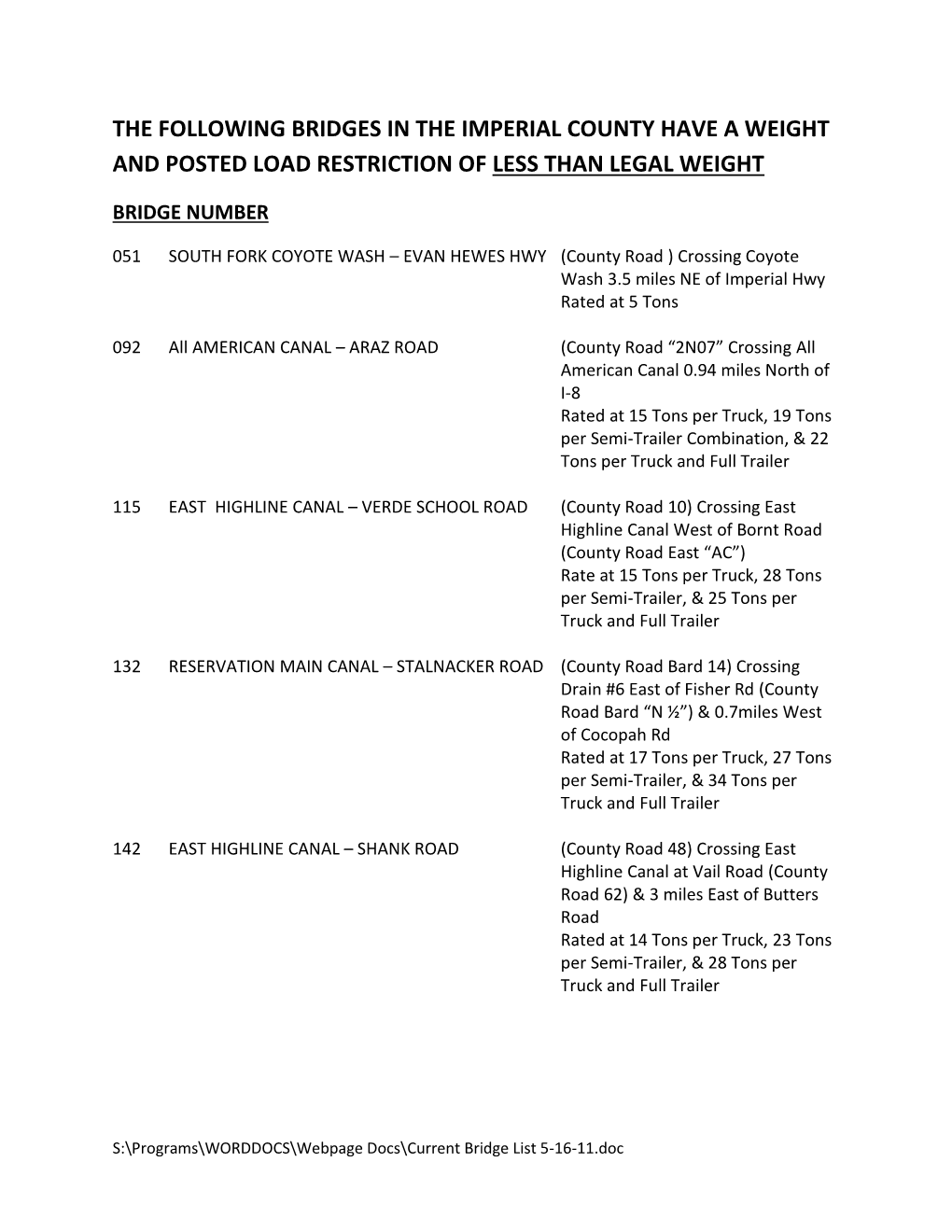 The Following Bridges in the Imperial County Have a Weight and Posted Load Restriction of Less Than Legal Weight