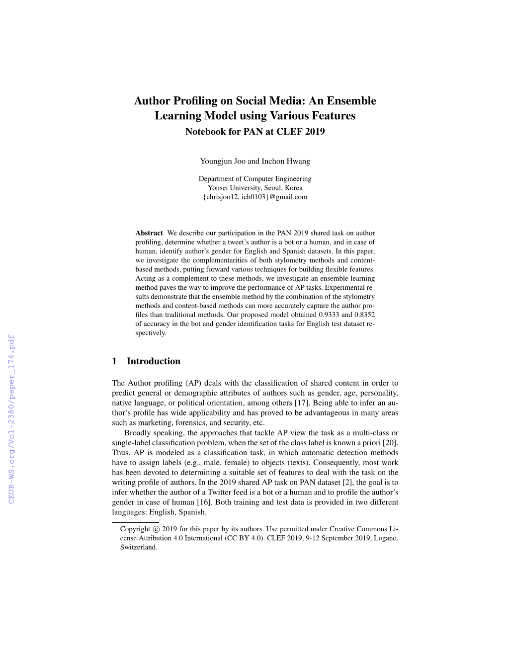 Author Profiling on Social Media: an Ensemble Learning Model Using