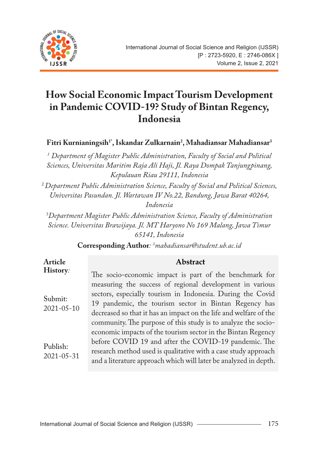 How Social Economic Impact Tourism Development in Pandemic COVID-19? Study of Bintan Regency, Indonesia