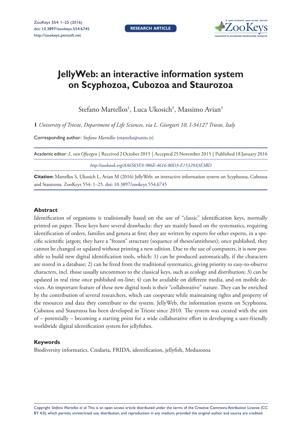 An Interactive Information System on Scyphozoa, Cubozoa and Staurozoa