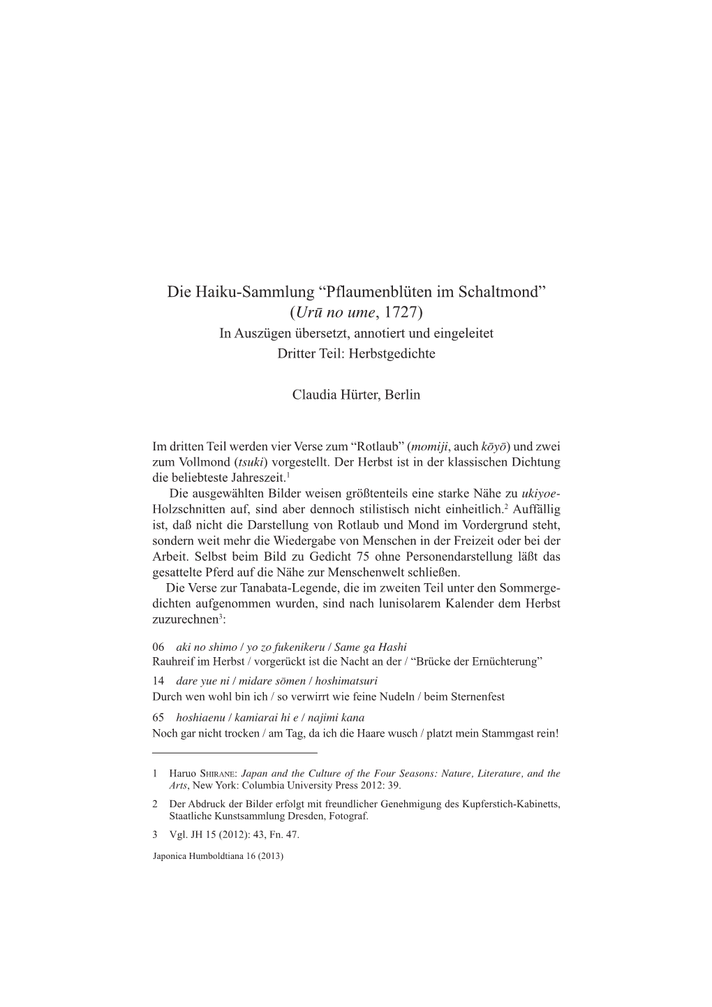 Die Haiku-Sammlung “Pflaumenblüten Im Schaltmond” (Urū No Ume, 1727) in Auszügen Übersetzt, Annotiert Und Eingeleitet Dritter Teil: Herbstgedichte