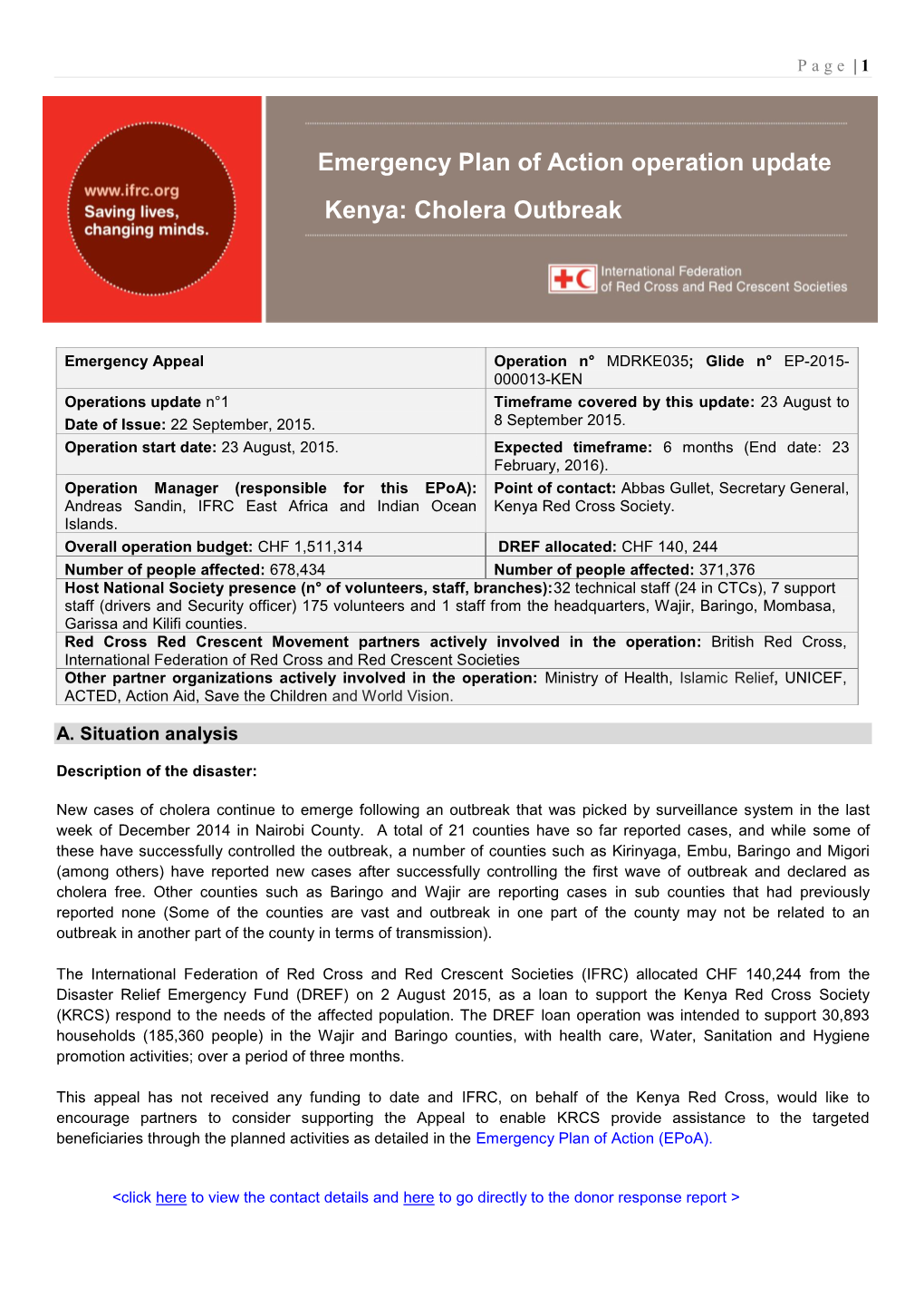 Emergency Plan of Action Operation Update Kenya: Cholera Outbreak