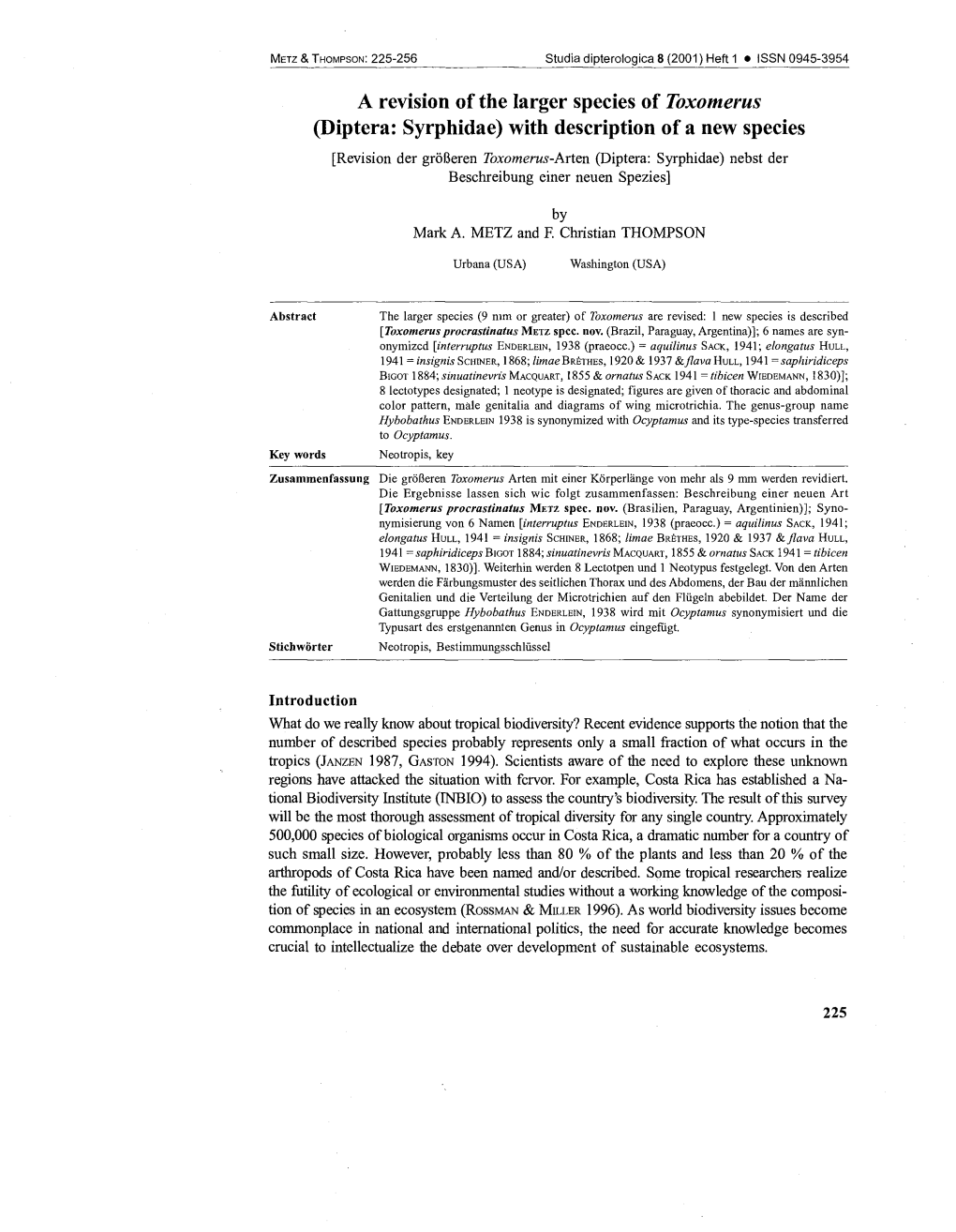 Diptera: Syrphidae) with Description of a New Species [Revision Der Grofieren Toxomerus-Arten (Diptera: Syrphidae) Nebst Der Beschreibung Einer Neuen Spezies]