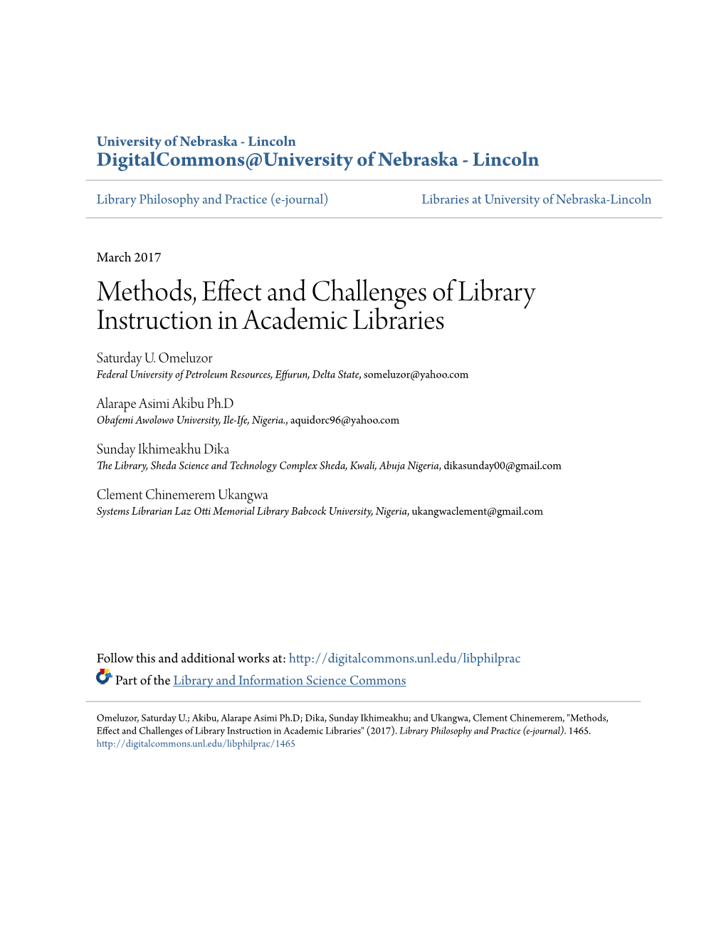 Methods, Effect and Challenges of Library Instruction in Academic Libraries Saturday U