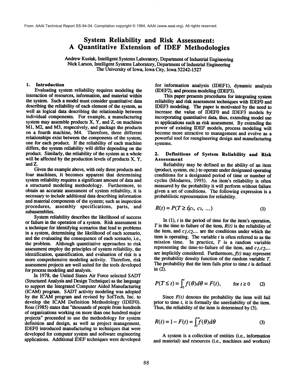 System Reliability and Risk Assessment: a Quantitative Extension of IDEF Methodologies