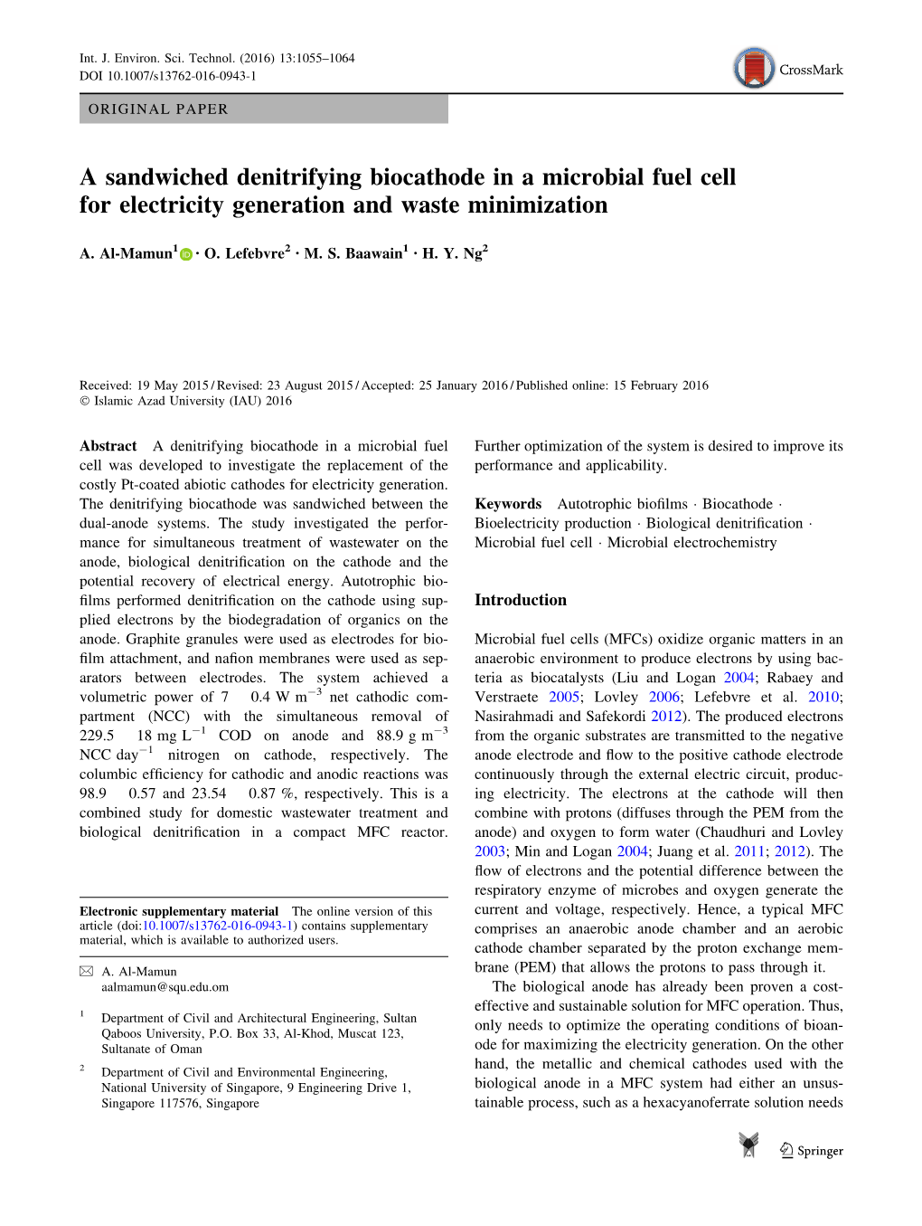 A Sandwiched Denitrifying Biocathode in a Microbial Fuel Cell for Electricity Generation and Waste Minimization