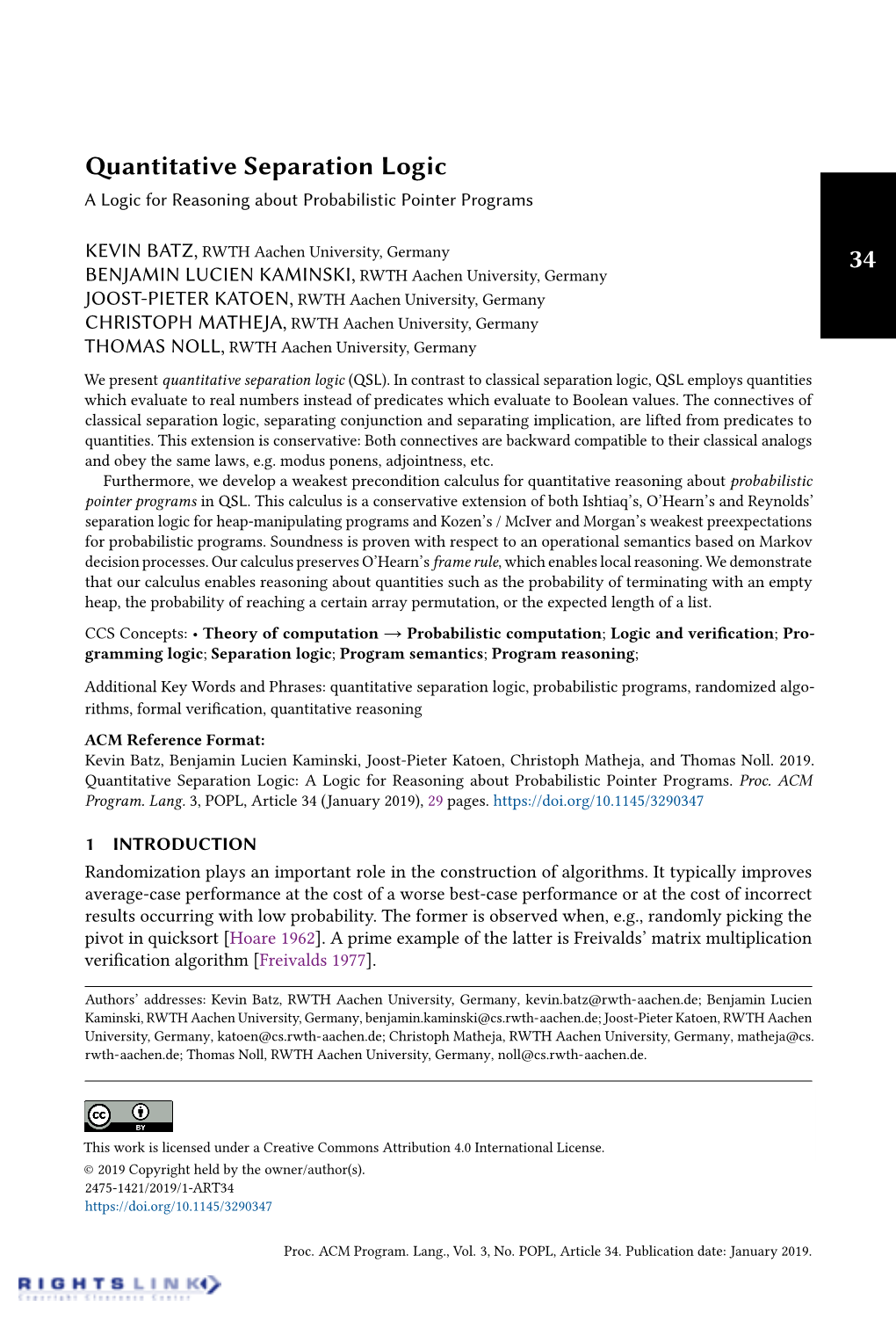 Quantitative Separation Logic a Logic for Reasoning About Probabilistic Pointer Programs