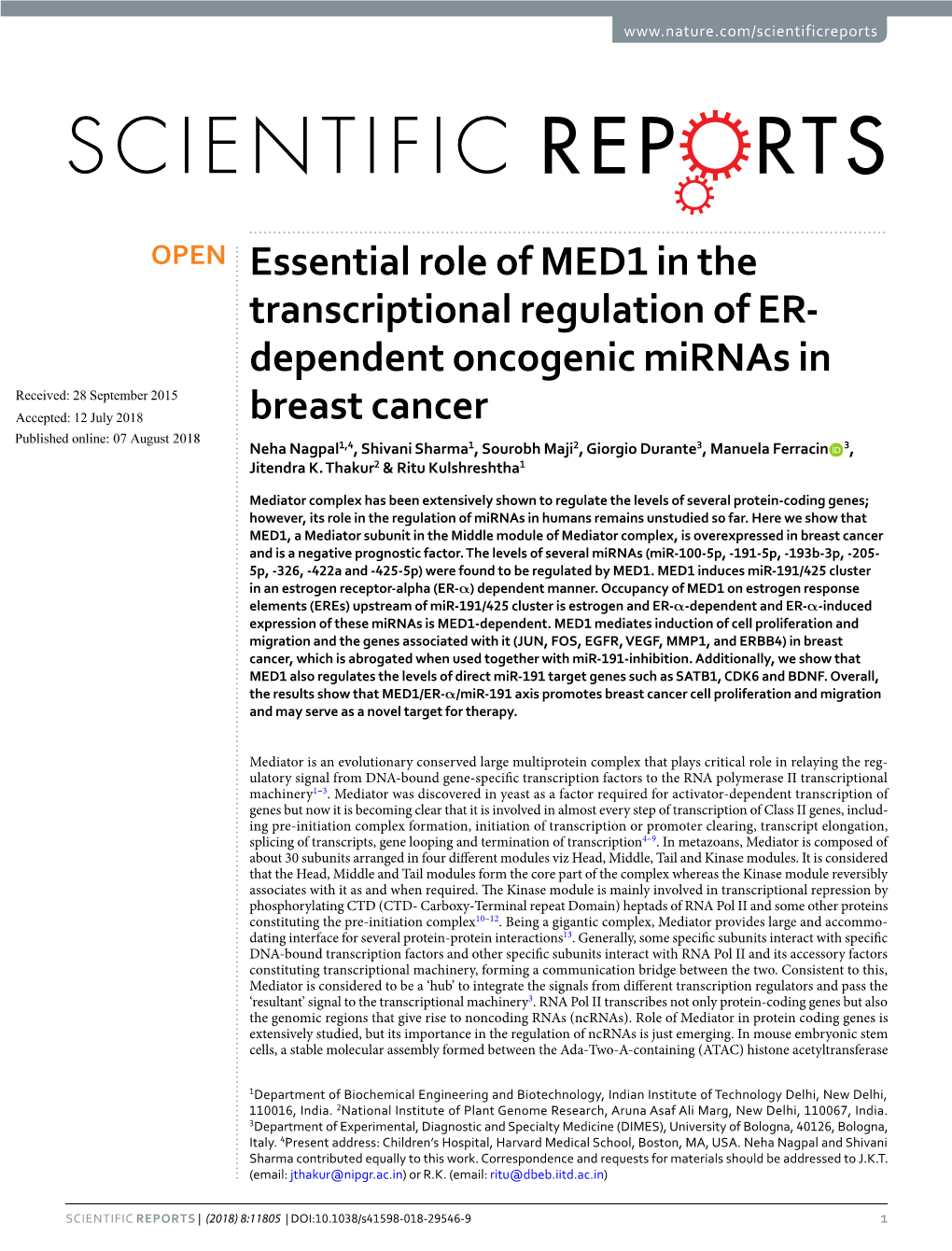 Essential Role of MED1 in the Transcriptional Regulation of ER