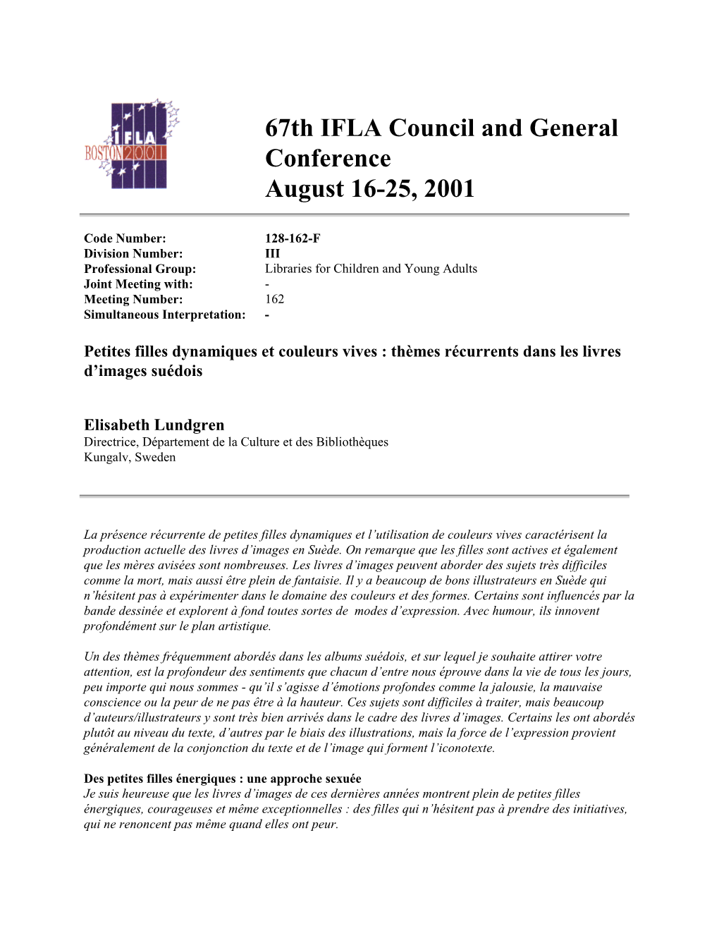 67Th IFLA Council and General Conference August 16-25, 2001