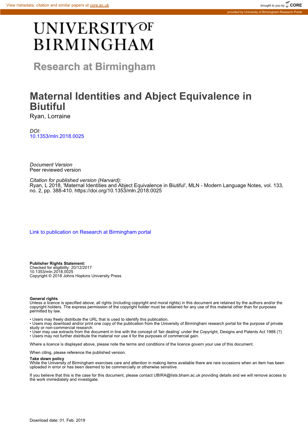 Maternal Identities and Abject Equivalence in Biutiful Ryan, Lorraine