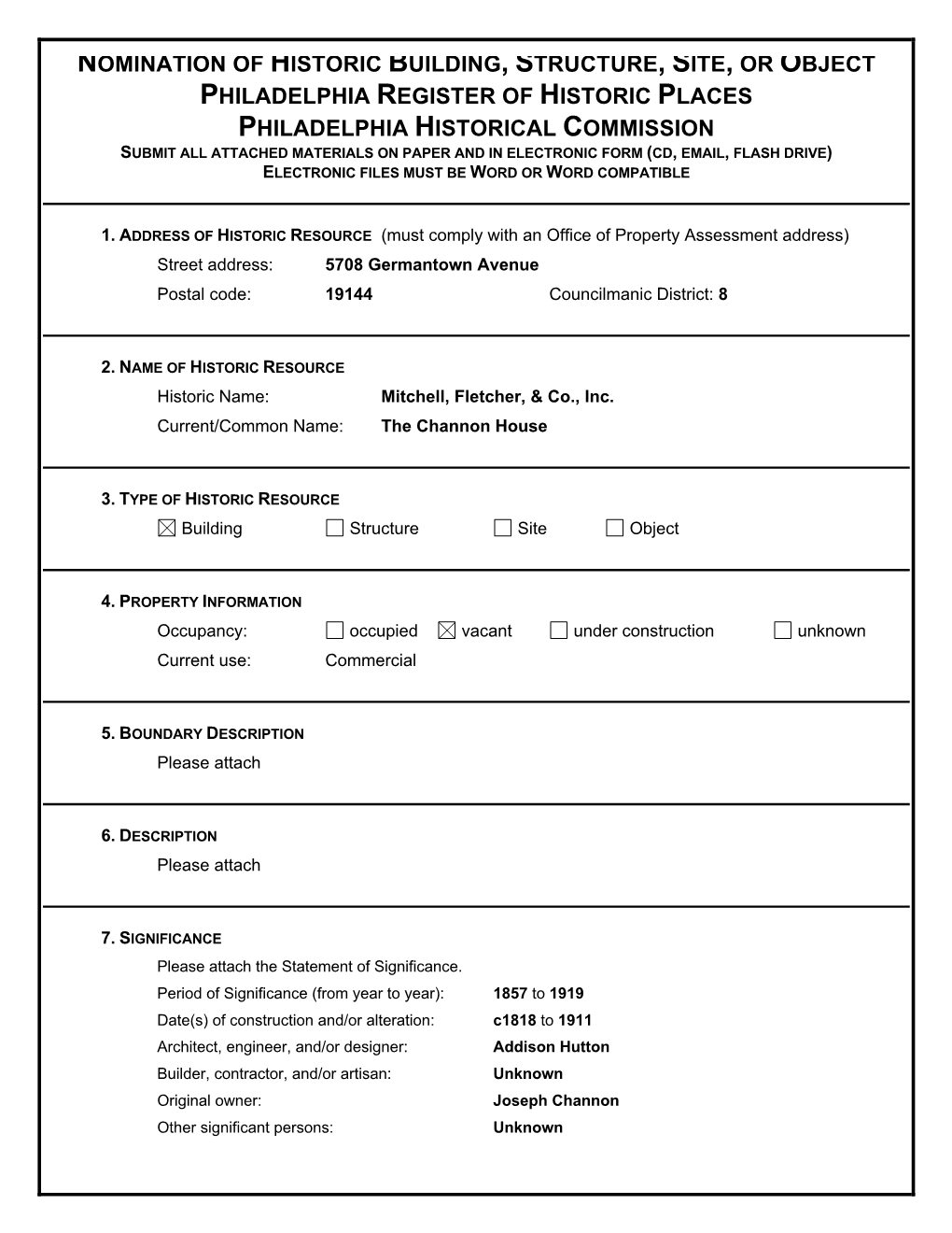 Nomination of Historic Building, Structure, Site, Or Object