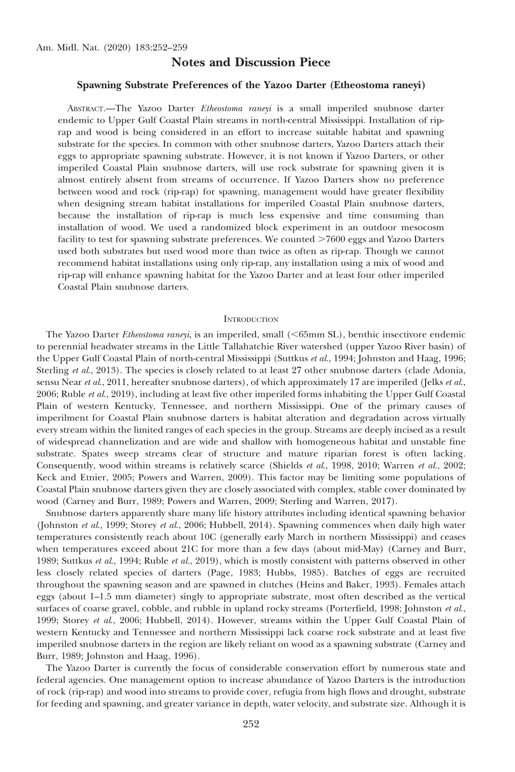 Notes and Discussion Piece Spawning Substrate Preferences of the Yazoo Darter (Etheostoma Raneyi)