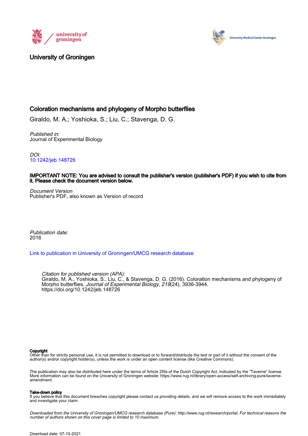 Coloration Mechanisms and Phylogeny of Morpho Butterflies Giraldo, M