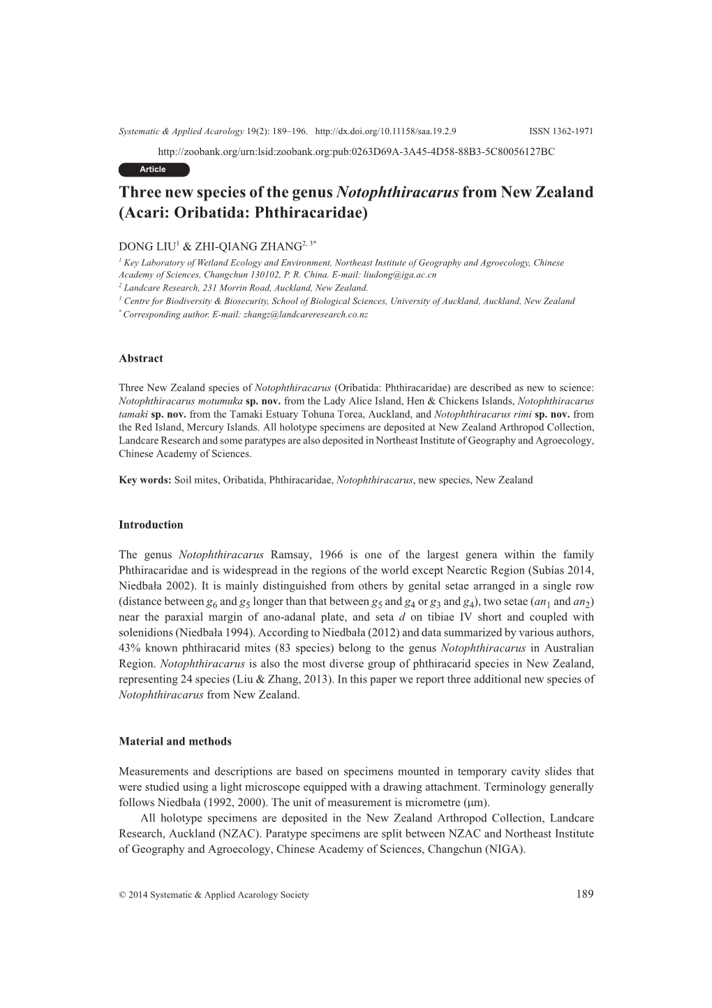 Three New Species of the Genus Notophthiracarus from New Zealand (Acari: Oribatida: Phthiracaridae)