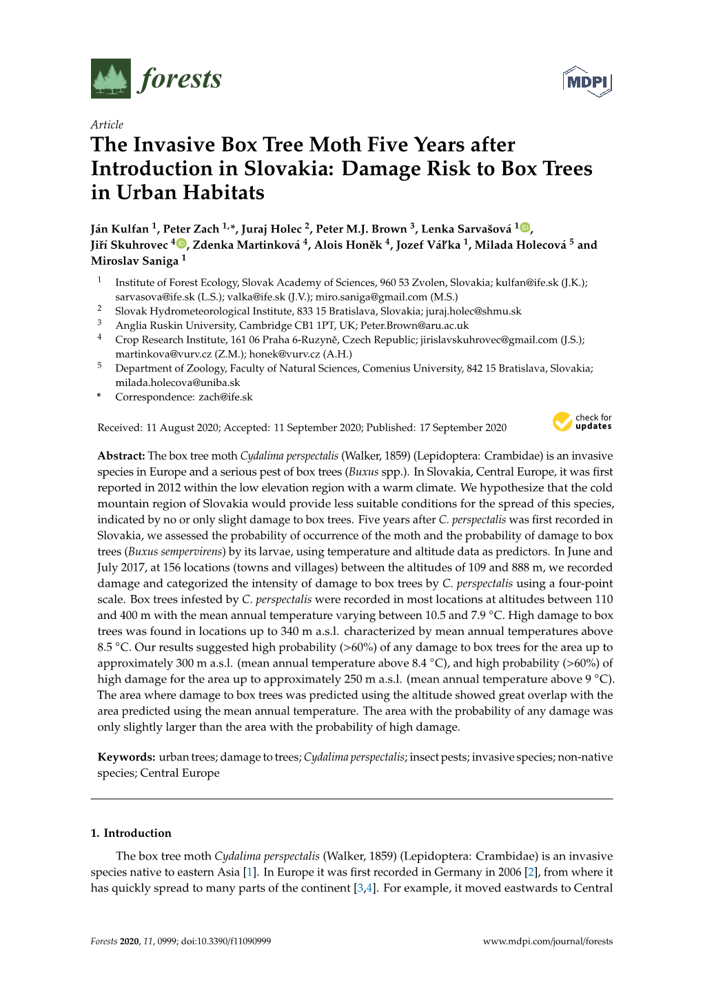 The Invasive Box Tree Moth Five Years After Introduction in Slovakia: Damage Risk to Box Trees in Urban Habitats