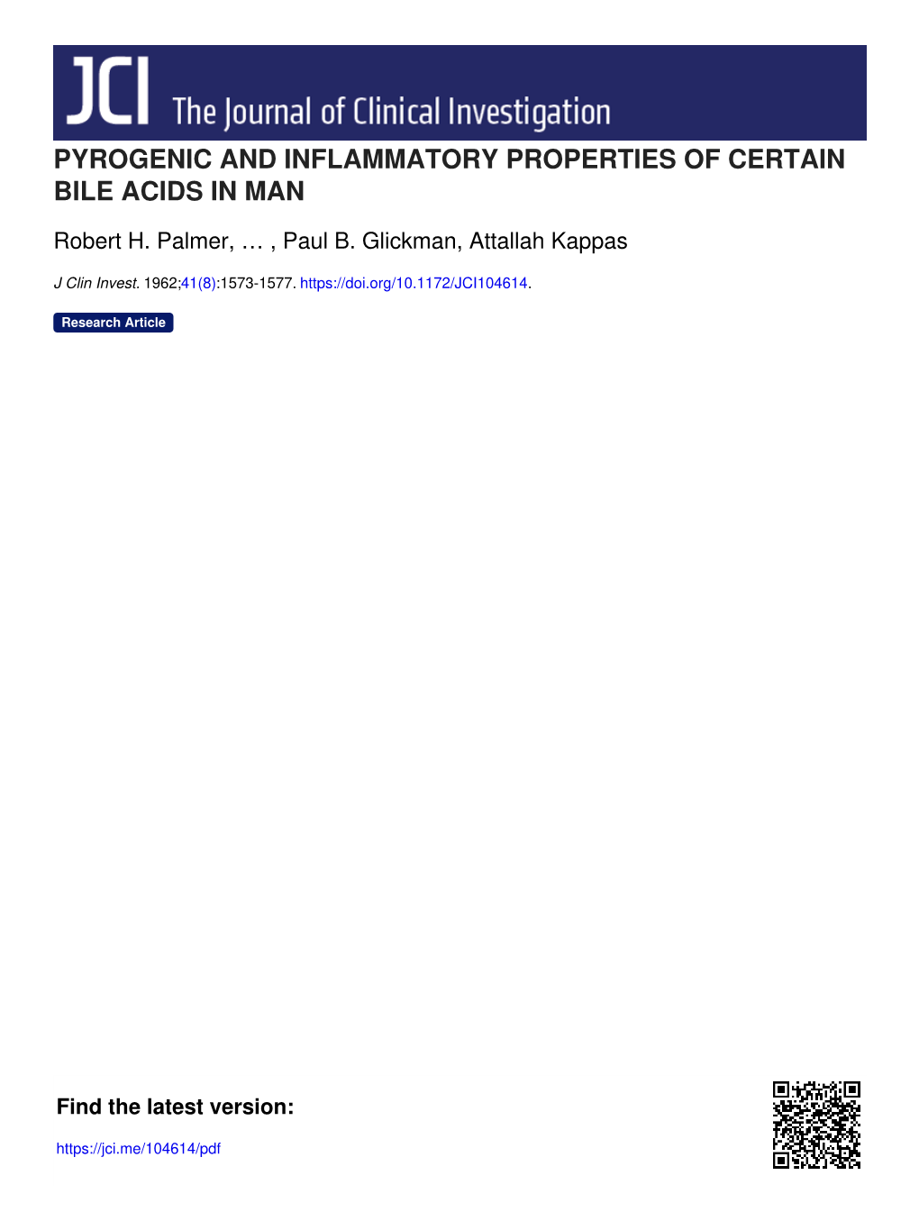 Pyrogenic and Inflammatory Properties of Certain Bile Acids in Man