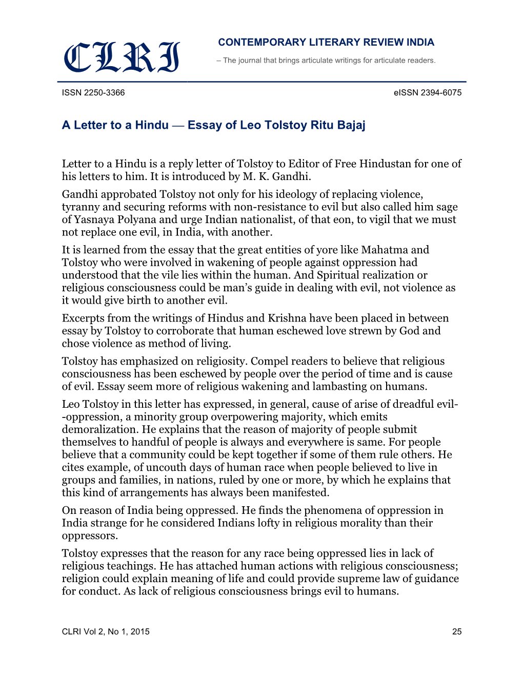 A Letter to a Hindu — Essay of Leo Tolstoy Ritu Bajaj
