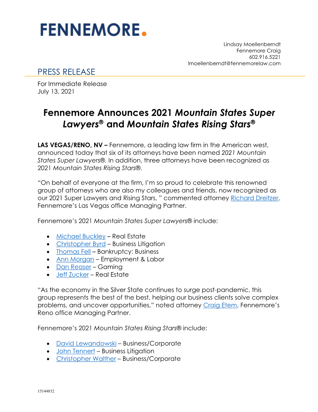 Fennemore Announces 2021 Mountain States Super Lawyers and Mountain States Rising Stars