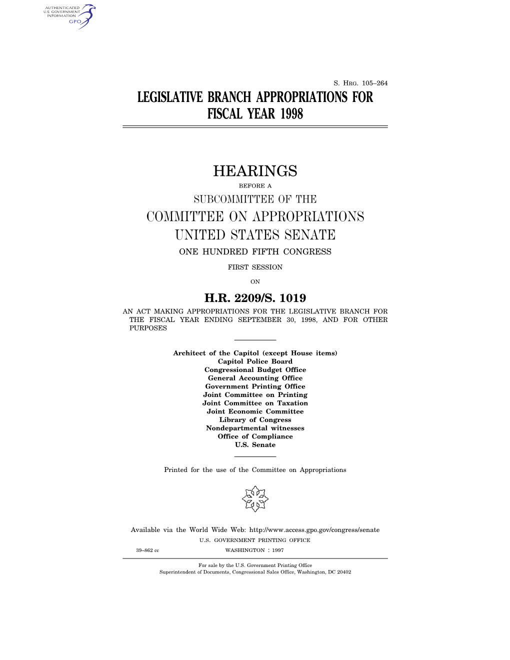 Legislative Branch Appropriations for Fiscal Year 1998