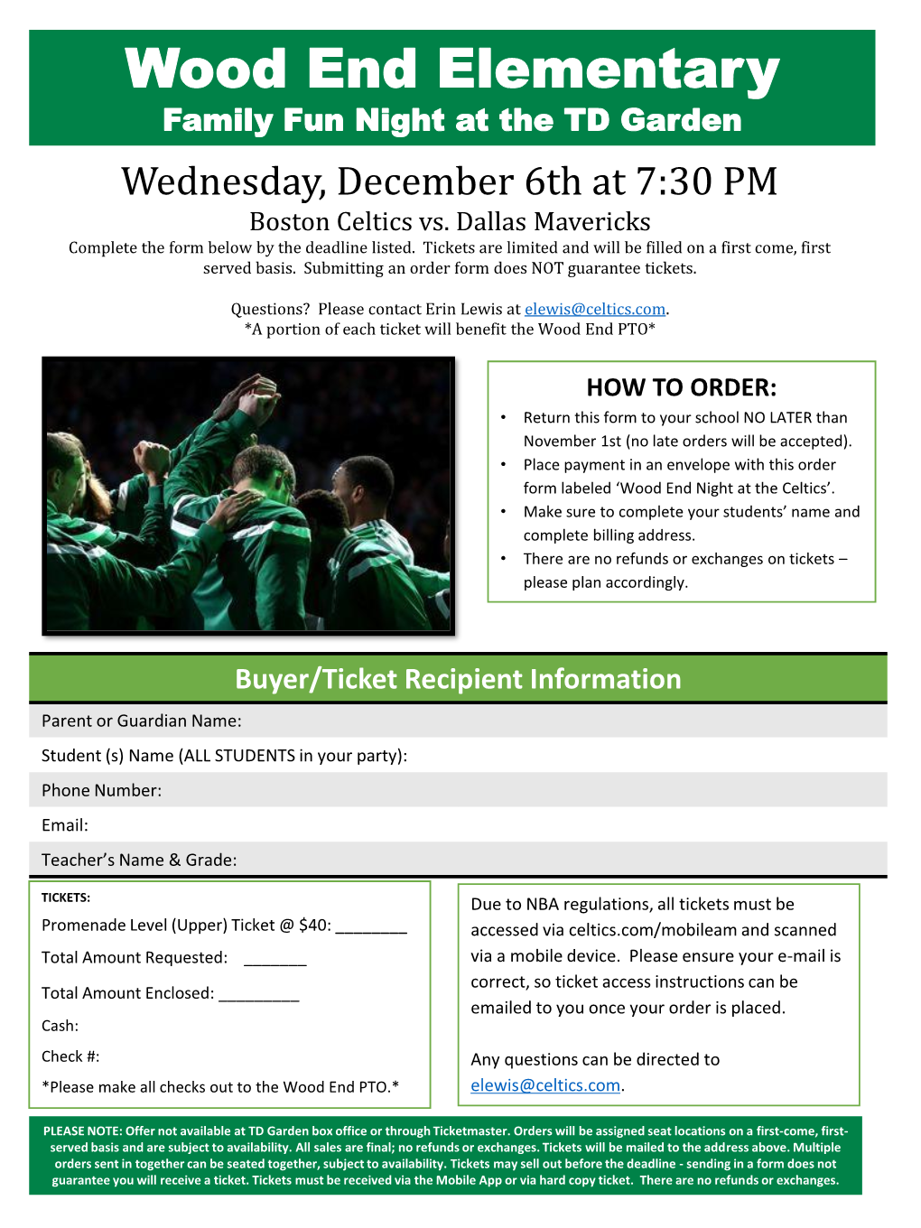 Wood End Elementary Family Fun Night at the TD Garden Wednesday, December 6Th at 7:30 PM Boston Celtics Vs