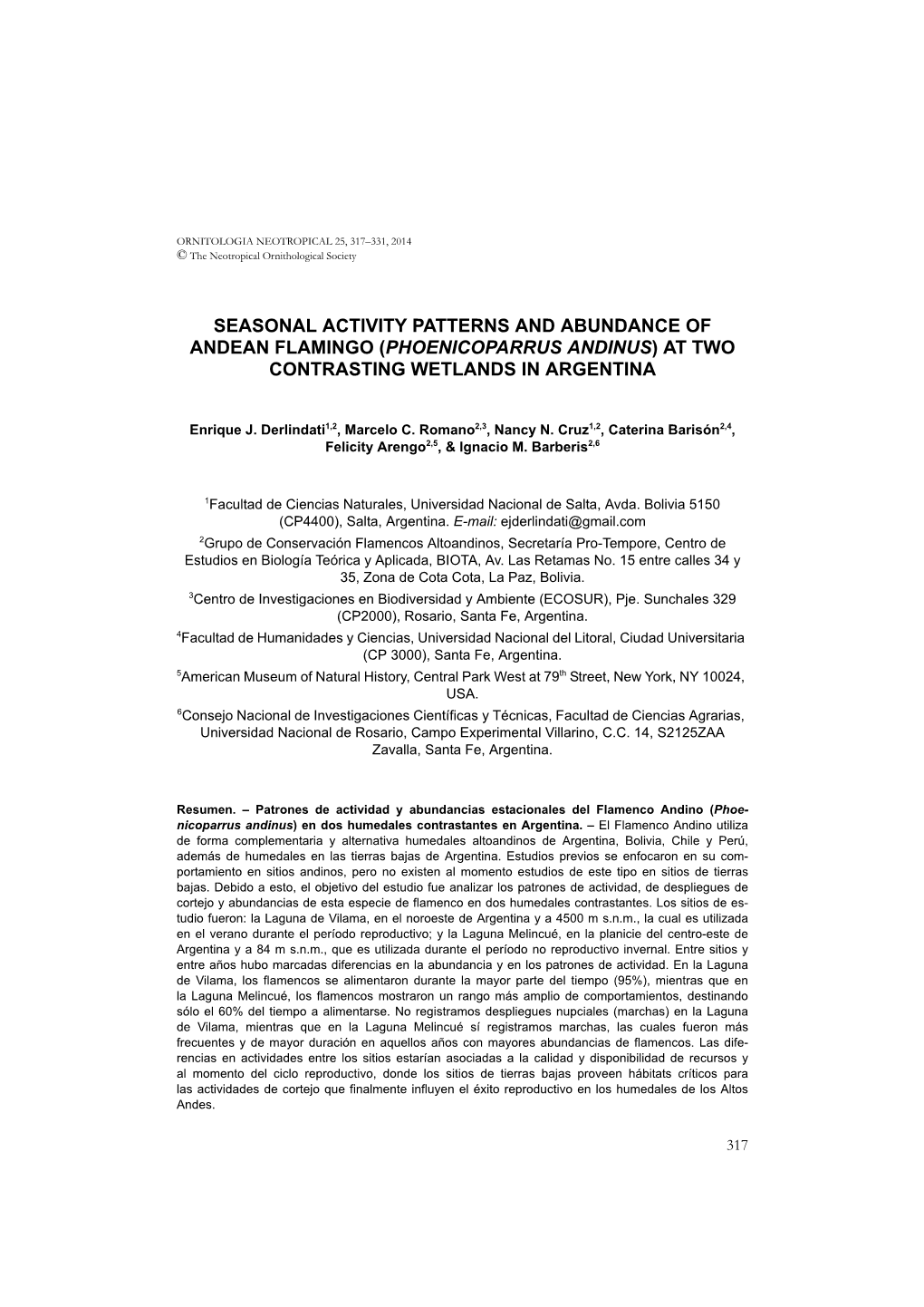 Seasonal Activity Patterns and Abundance of Andean Flamingo (Phoenicoparrus Andinus) at Two Contrasting Wetlands in Argentina