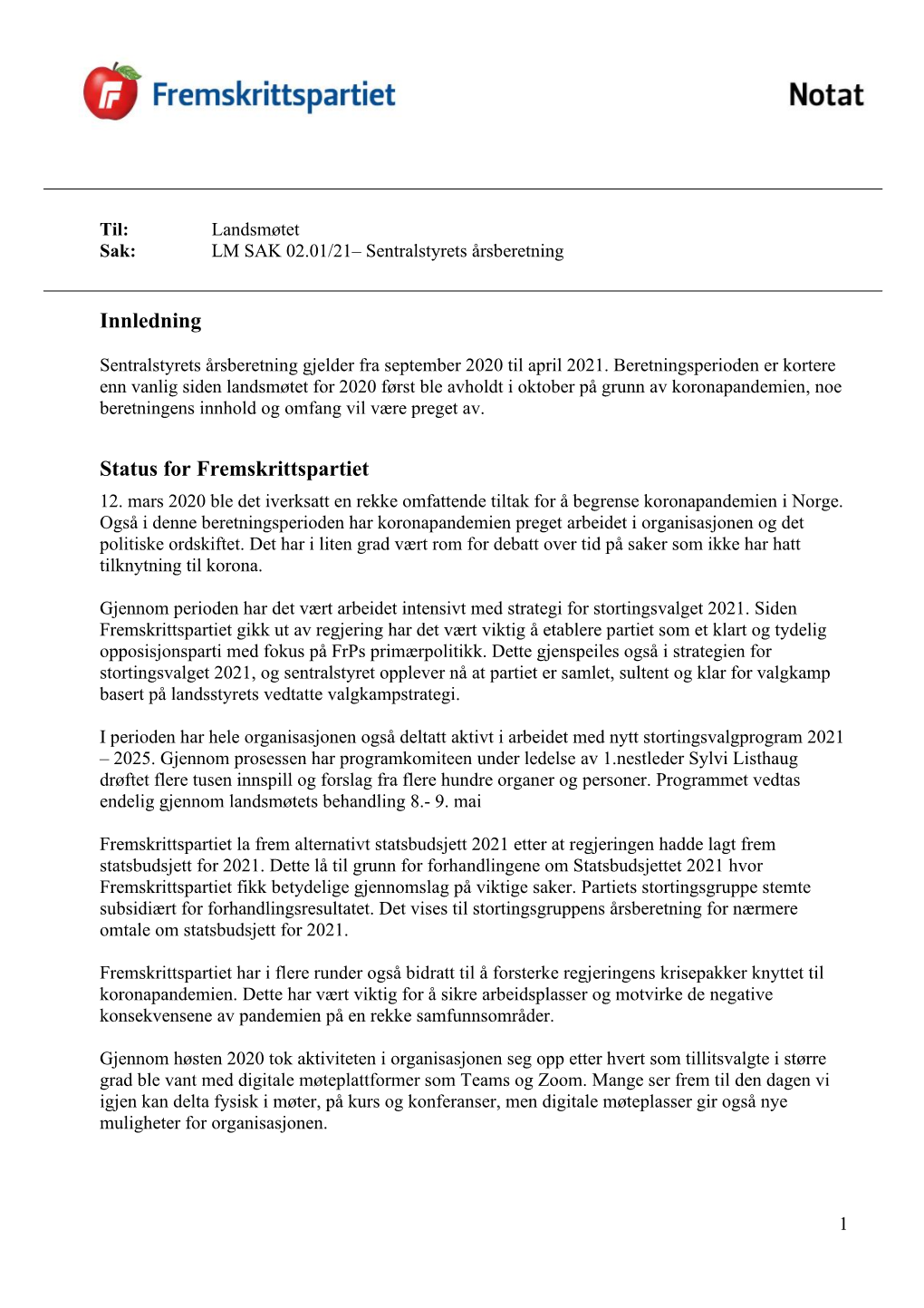 LM Sak 020121 Sentralstyrets Årsberetning 2020 2021