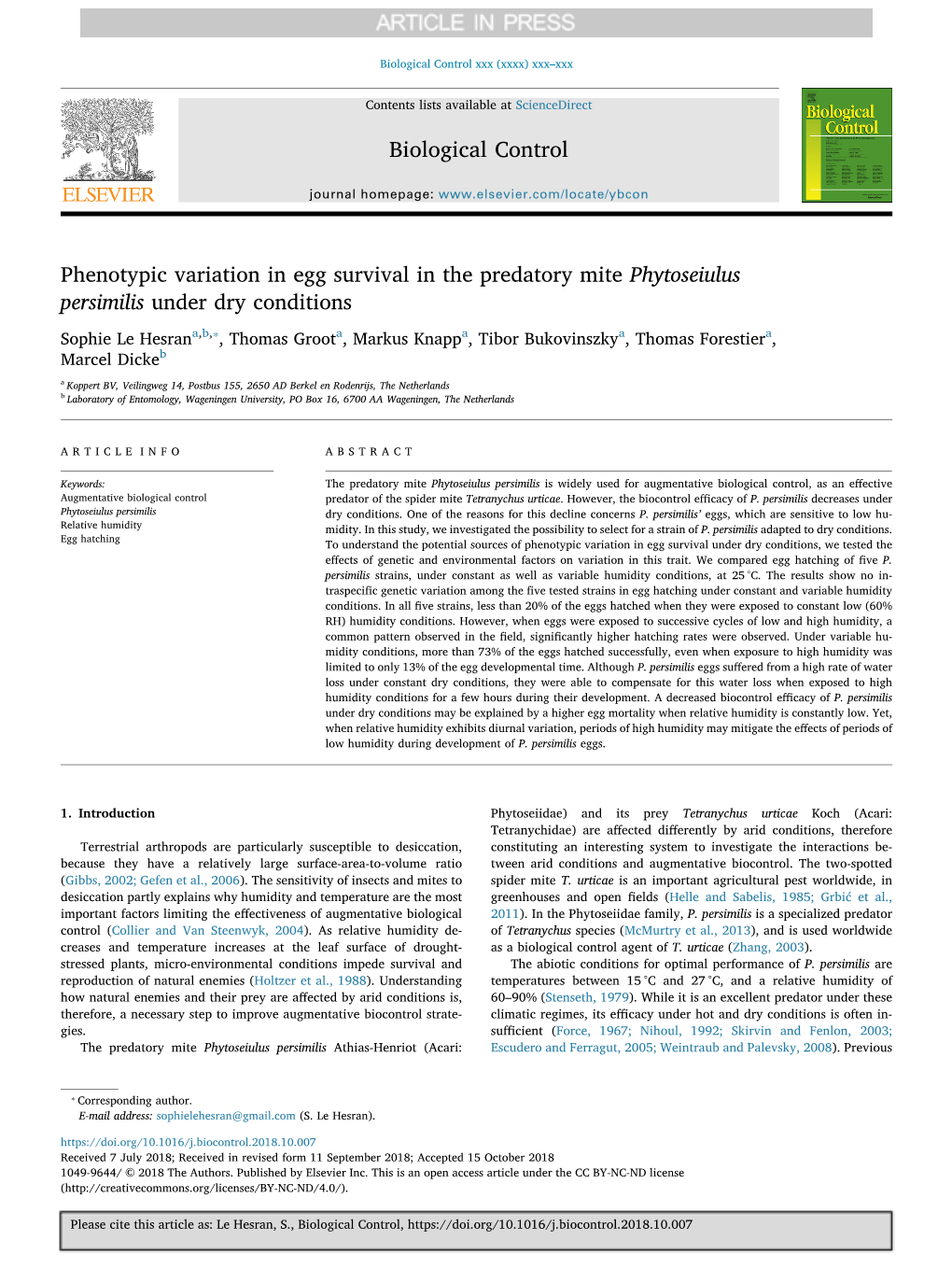 Phenotypic Variation in Egg Survival in the Predatory Mite Phytoseiulus Persimilis Under Dry Conditions