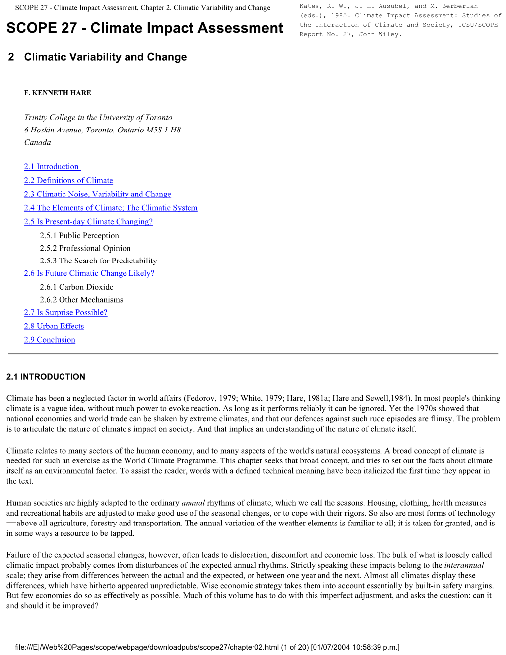 SCOPE 27 - Climate Impact Assessment, Chapter 2, Climatic Variability and Change SCOPE 27 - Climate Impact Assessment