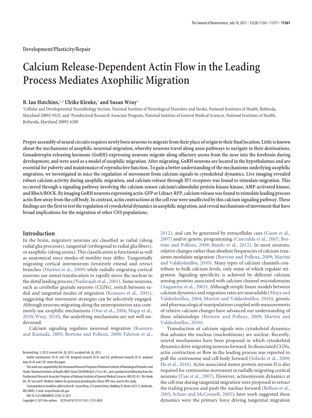Calcium Release-Dependent Actin Flow in the Leading Process Mediates Axophilic Migration