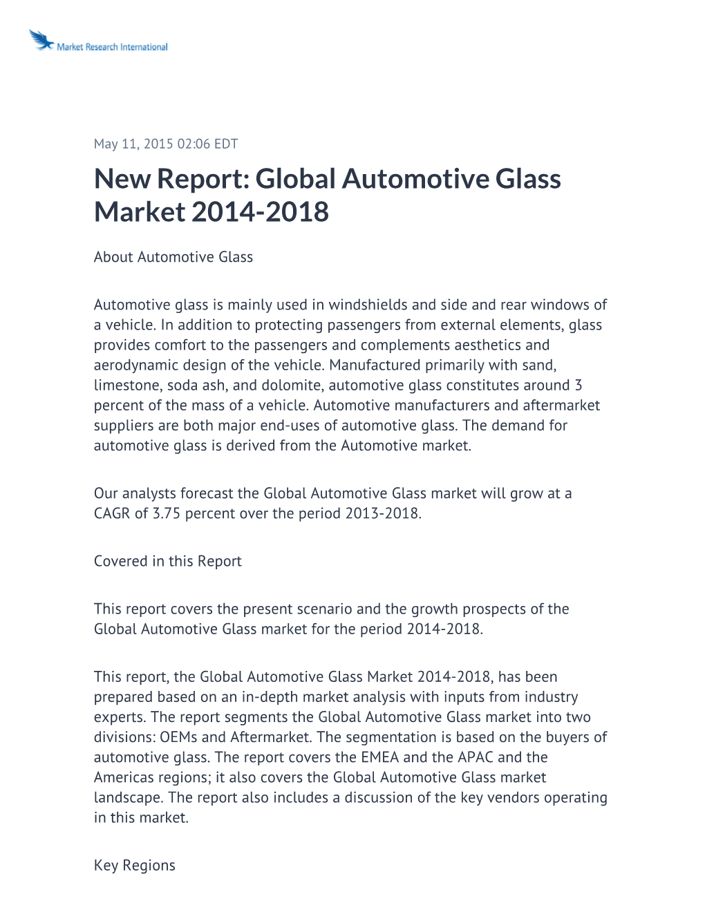 New Report: Global Automotive Glass Market 2014-2018