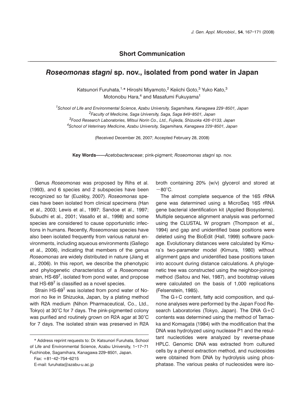 Roseomonas Stagni Sp. Nov., Isolated from Pond Water in Japan