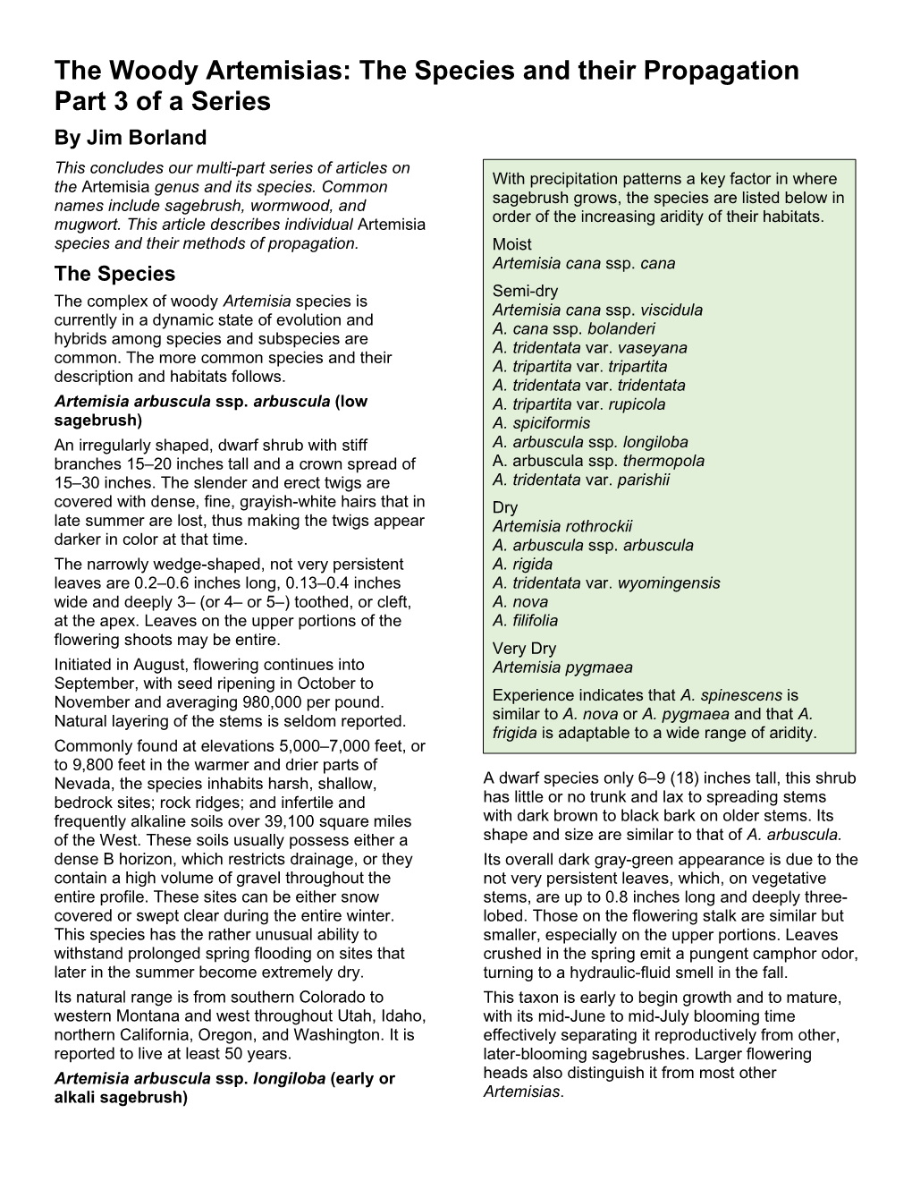 The Woody Artemisias: the Species and Their Propagation Part 3 Of