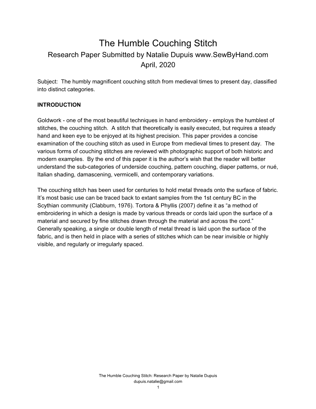 The Humble Couching Stitch Research Paper Submitted by Natalie Dupuis April, 2020