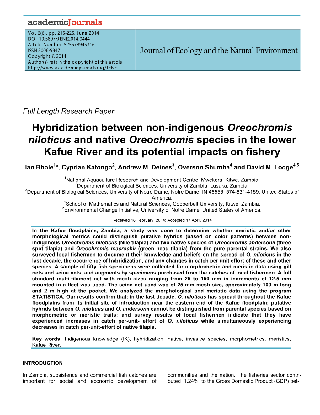 Hybridization Between Non-Indigenous Oreochromis Niloticus and Native Oreochromis Species in the Lower Kafue River and Its Potential Impacts on Fishery