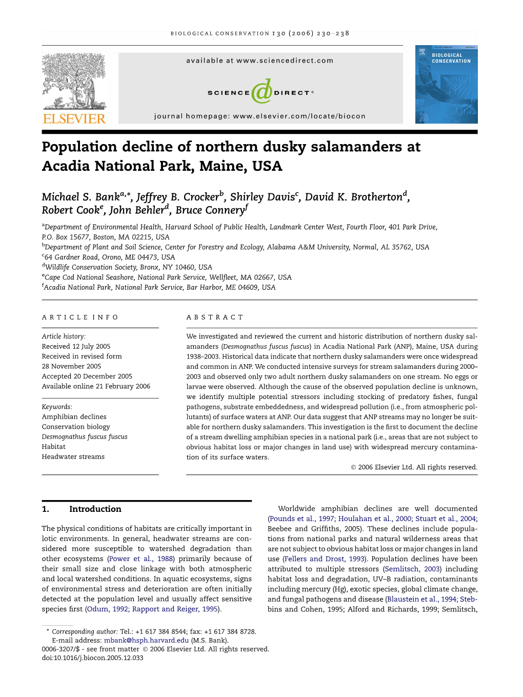 Population Decline of Northern Dusky Salamanders at Acadia National Park, Maine, USA