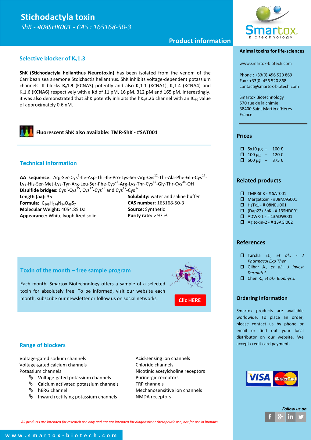 Stichodactyla Toxin Shk - #08SHK001 - CAS : 165168-50-3