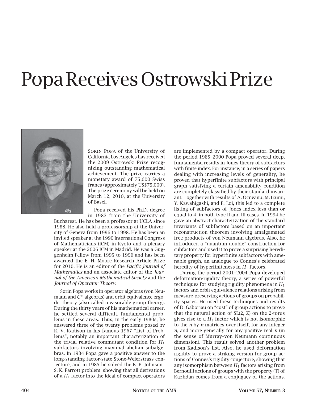 Popa Receives Ostrowski Prize