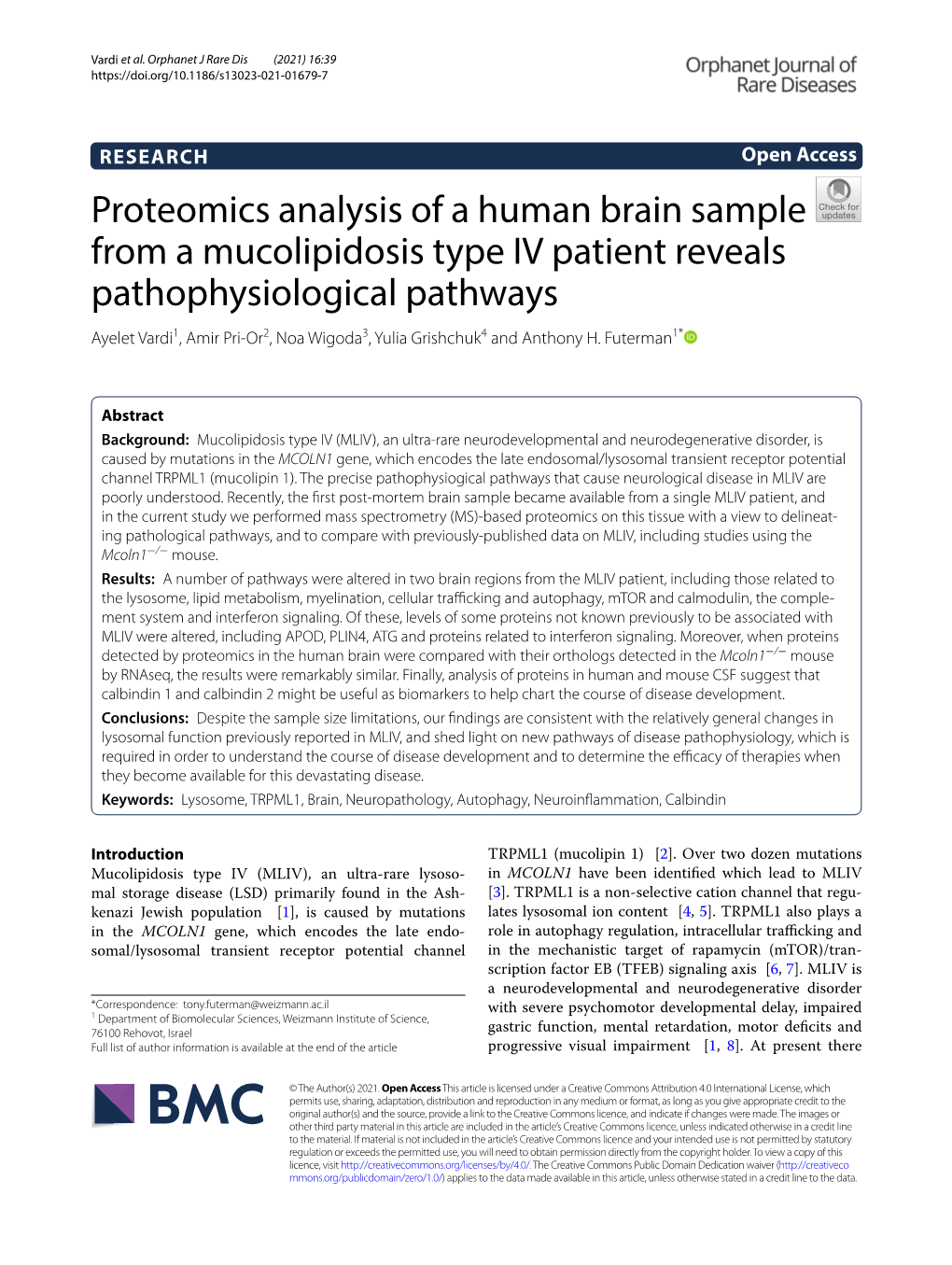 Proteomics Analysis of a Human Brain Sample from a Mucolipidosis Type IV