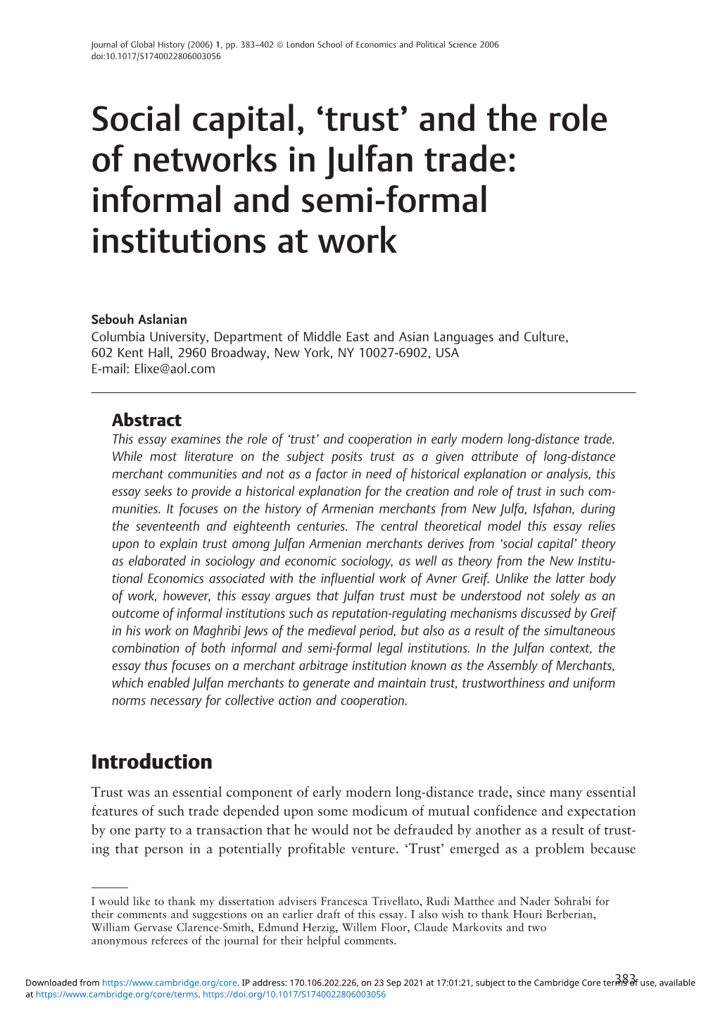 And the Role of Networks in Julfan Trade: Informal and Semi-Formal Institutions at Work