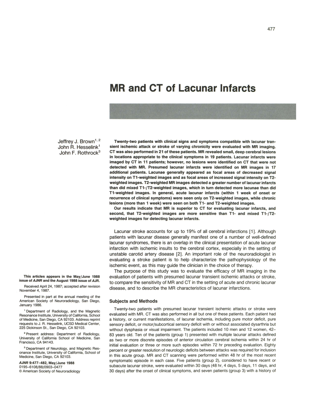 MR and CT of Lacunar Infarcts