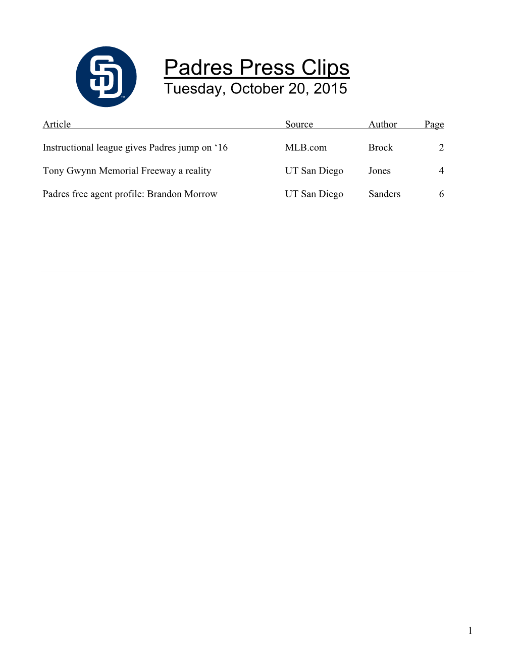 Padres Press Clips Tuesday, October 20, 2015