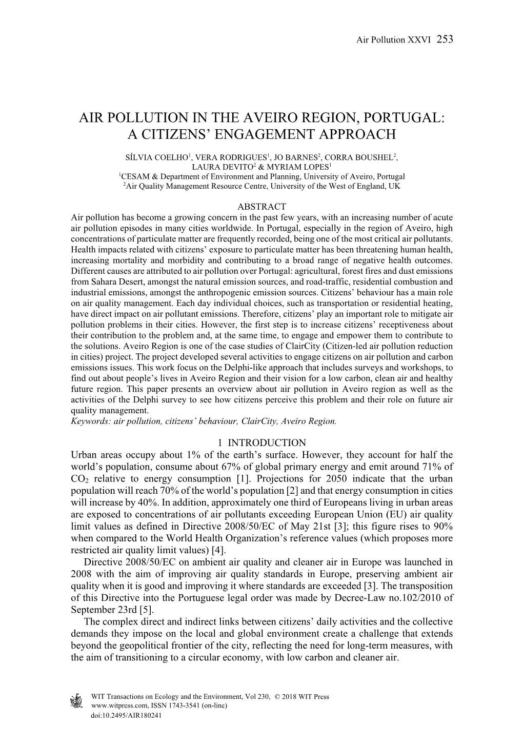 Air Pollution in the Aveiro Region, Portugal: a Citizens’ Engagement Approach