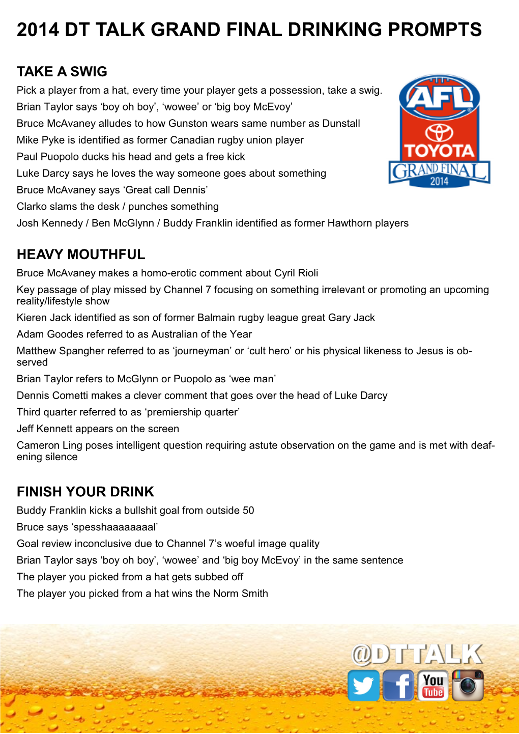 2014 Dt Talk Grand Final Drinking Prompts