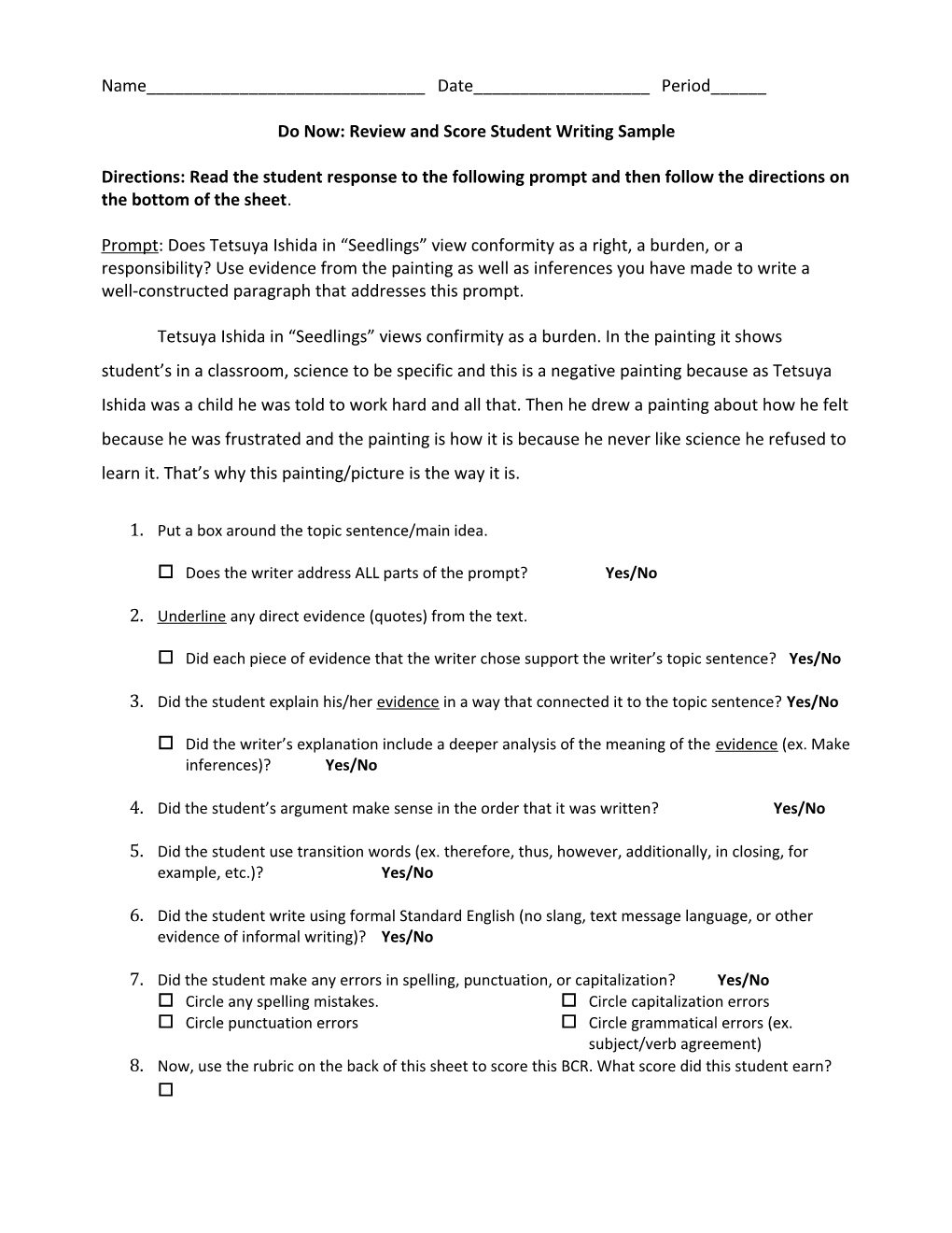 Do Now: Review and Score Student Writing Sample