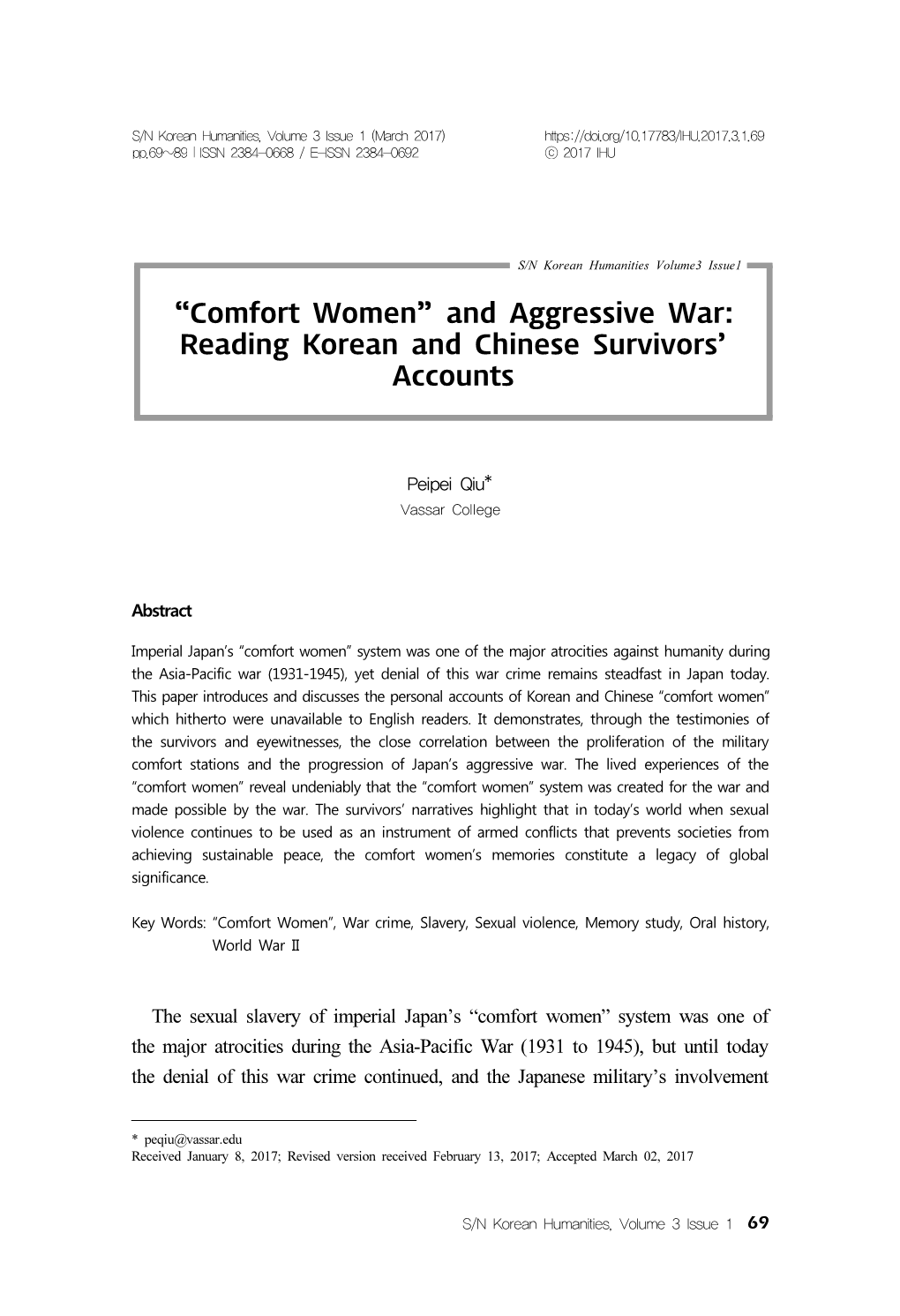 “Comfort Women” and Aggressive War: Reading Korean and Chinese Survivors’ Accounts