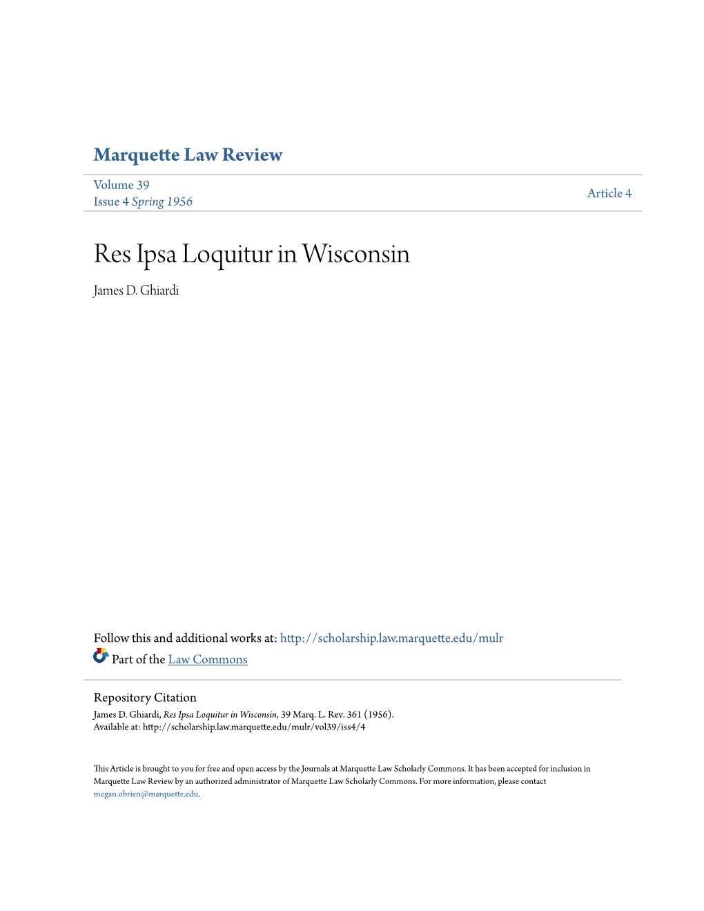 Res Ipsa Loquitur in Wisconsin James D