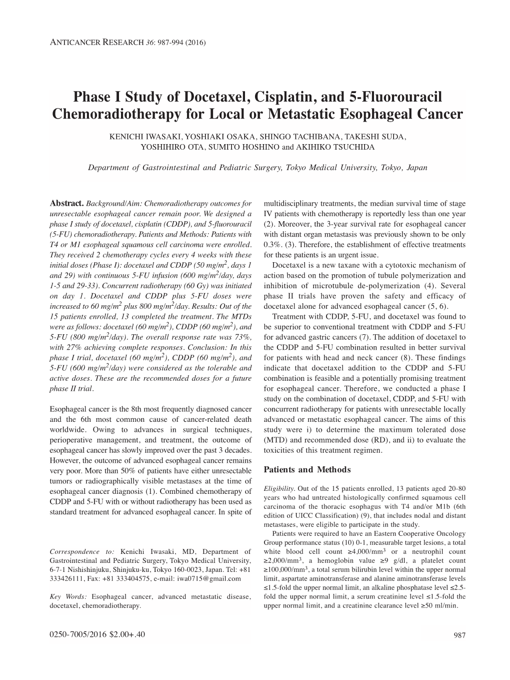 Phase I Study of Docetaxel, Cisplatin, and 5-Fluorouracil Chemoradiotherapy for Local Or Metastatic Esophageal Cancer