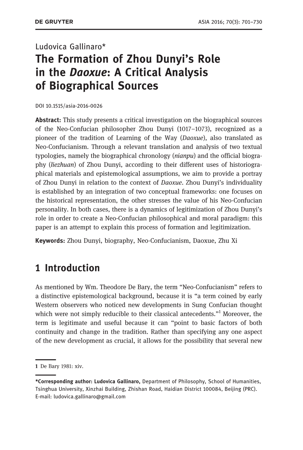 The Formation of Zhou Dunyi's Role in the Daoxue: a Critical Analysis Of